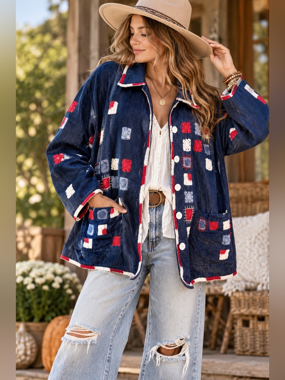 Alex Kim Denim Crochet Patchwork Jacket Boho Oversized Red White Blue